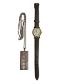 Silver ingot pendant on chain and a ladies Quartex wristwatch