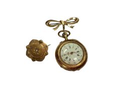 Continental gold cased fob watch suspended from a 9ct gold bow brooch, together with a French gold s