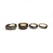 Four 9ct gold pavé set diamond dress rings