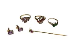 Three 9ct gold gem set dress rings, pair of amethyst stud earrings (stamped 10k) and 9ct gold gem se