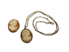 9ct gold mounted cameo pendant on 9ct gold flat curb link chain and 9ct gold mounted cameo brooch