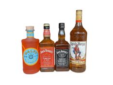 Four mixed bottles, Jack Daniel's Cinnamon Spice Tennessee Fire, 35% 75cl, Malfy Gin Blood Orange 41