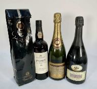 Four bottles comprising: Fortnum & Mason LBV 1985 Port, Louis Roederer Champagne, Lanson Black Label