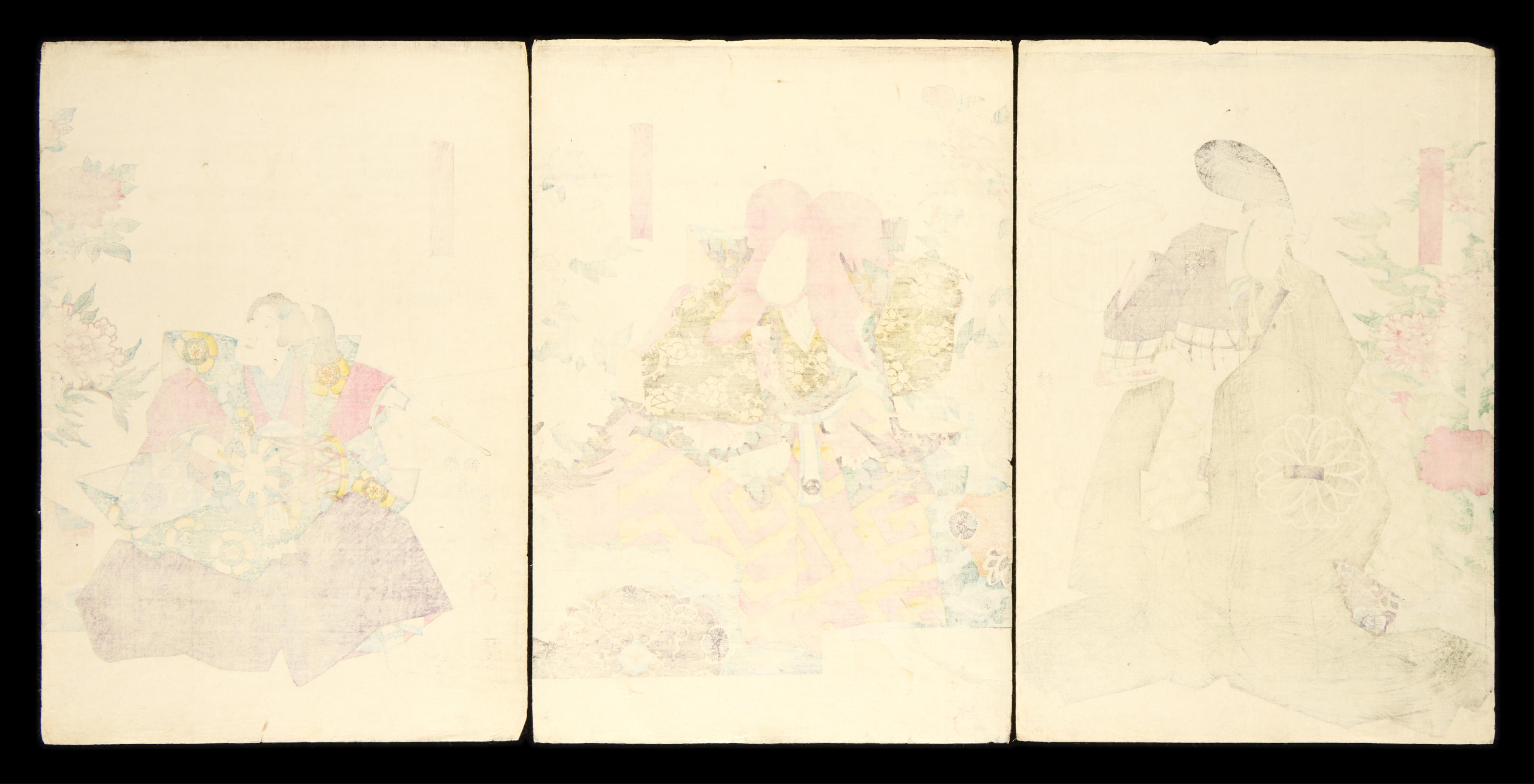 Kunisada/Toyokuni III Courtly Woodblock Triptych - Image 2 of 3