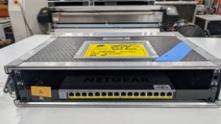 Netgear GS116PP Switch with cables mounted in flight case.