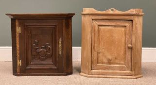 TWO SMALL VINTAGE CORNER CABINETS, one pine, 62 (h) x 58 (w) x 37cms (d), the other oak with