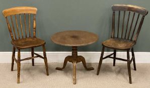 ANTIQUE OAK CIRCULAR TILT TOP TRIPOD OCCASIONAL TABLE, 51 (h) x 62cms (diam.) and two spindle back