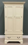 MODERN WHITE PAINTED TWO DOOR WARDROBE, with base drawer and dentil cornice, 202 (h) x 102 (w) x