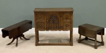 THREE ITEMS INCL. VINTAGE OAK HUTCH CUPBOARD, with carved Gothic style front, 83 (h) x 91 (w) x