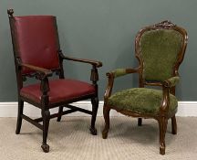 TWO EDWARDIAN ARMCHAIRS, spoon back, 101 (h) x 64 (w) x 54cms (d), Rexine upholstered with fancy
