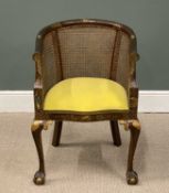 ORNATE PAINTED & INLAID CANE BACKED TUB CHAIR, on ball and claw feet, 81 (h) x 57 (w) x 47cms (d)
