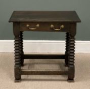 19TH CENTURY OAK LOWBOY, single drawer with twin brass swing handles, on turned and block supports
