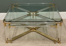 FRENCH LUCITE GLASS TOP COFFEE TABLE, c.1970, 40 (h) x 91 (w) x 91cms (d), with four nesting side