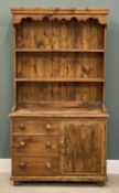 COMPACT PINE DRESSER, two shelf rack with shaped apron, three drawers and cupboard door, 192 (h) x