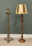 TWO ANTIQUE STANDARD LAMPS, rise and fall brass lamp, and turned wooden lamp with vintage shade (