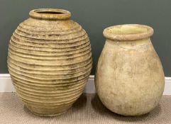TWO LARGE STONEWARE POTS, 81 (h) x 68 (diam.) and 71 (h) x 55cms (diam.) Provenance: private