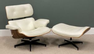 EAMES STYLE CREAM LEATHER EFFECT ARMCHAIR, 79 (h) x 88 (w) x 55cms (d), and matching footstool,