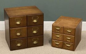 TWO VINTAGE OAK INDEX CARD FILING CABINETS, 52 (h) x 50 (w) x 51cms (d), and 36 (h) x 34 (w) x 41cms