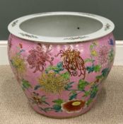CHINESE POTTERY FISHBOWL, mid-20th century, decorated with chrysanthemums and other flowers on a