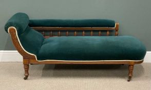 EDWARDIAN CHAISE LONGUE, on casters with green velour upholstery, 76 (h) x 178 (w) x 66cms (d)