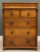 TALL ANTIQUE MAHOGANY CHEST OF 2 OVER 3 DRAWERS, with secret upper drawer, on turned supports and