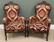 PAIR OF ANTIQUE CARVED SPOON BACK EASY CHAIRS, classically upholstered, 104 (h) x 71 (w) x 49cms (d)