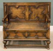 GOOD VINTAGE OAK MONK'S BENCH, with fielded shaped panels, 73 (h) x 115 (w) x 52cms (d)