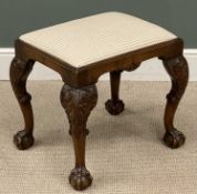 VICTORIAN CARVED MAHOGANY FOOTSTOOL on ball and claw feet, 50 (h) x 56 (w) x 46cms (d) Provenance: