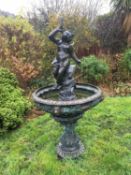 ANTIQUE BRONZE CHERUB FOUNTAIN, the bowl with lion mask and foliage relief to the column, 172 (h)