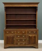 19TH CENTURY WELSH MAHOGANY & OAK DRESSER, three shelf rack, five opening drawers, and two