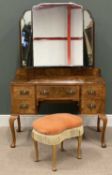 ANTIQUE WALNUT DRESSING TABLE with triple mirror, on cabriole supports, 163 (h) x 111 (w) x 54cms (