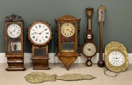 FOUR PENDULUM WALL CLOCKS, including French 'Louis Jaquine' brass effect, marquetry examples, and