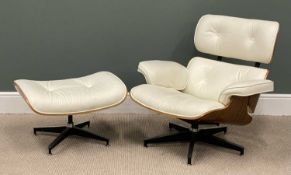 EAMES STYLE CREAM LEATHER EFFECT ARMCHAIR, 79 (h) x 88 (w) x 55cms (d), and matching footstool,