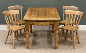 MODERN PINE KITCHEN TABLE, with end drawer, 77 (h) x 153 (w) x 84cms (d), and four antique pine