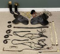 EQUESTRIAN TACK including two old leather saddles, riding boots, hats, etc. Provenance: deceased