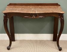 EARLY 20TH CENTURY CONSOLE TABLE, with rail back and marble top, 97 (h) x 124 (w) x 53cms (d)