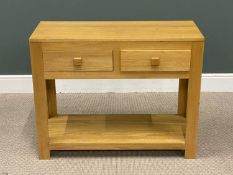 MODERN LIGHT OAK COMPACT SIDEBOARD, two drawers and a base shelf, 80 (h) x 100 (w) x 41cms (d)