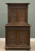 FLEMISH CARVED BOOKCASE SIDEBOARD with four doors and central drawer, garlands and other carvings