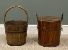 EASTERN RICE PAIL / BUCKET, 56 (h) x 36cms (diam.), and another similar with banding and lid, 46 (h)
