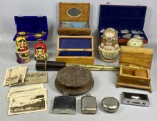 ASSORTED COLLECTABLES including two Russian dolls, music boxes, telescope, jeweller's scales, etc.