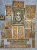 VARIOUS ANTIQUE CARVED WOODEN PANELS & RAILS, 63 x 47cms the largest, two carved wood finials with