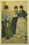 AFTER HENRI CASSIERS chromolithograph – three Volendammers in conversation, 77.5 x 48.5cms