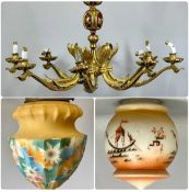 GILDED & PAINTED EIGHT BRANCH CHANDELIER with ornate hanging chain, 74cms (diam.), with two