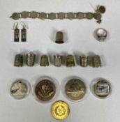 ASSORTED COLLECTABLES including four silver and two white metal thimbles, silver coin bracelet,