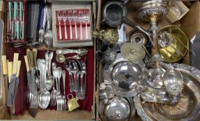 ASSORTED PLATED ITEMS & METALWARE including cutlery, some boxed, two circular muffin dishes and