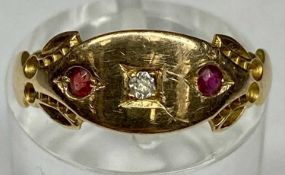 9CT ROSE GOLD DIAMOND & RUBY THREE STONE RING, size M, 2.3gms Provenance: private collection Conwy