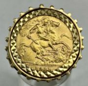 GEORGE V 1911 GOLD HALF SOVEREIGN RING, set in 9ct gold pierced ring mount, size Q, 11.2gms