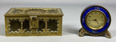 19TH CENTURY GILDED BRASS & LEATHER JEWELLERY CASKET, in form of a Gothic coffer with ornate lock