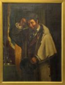 19TH CENTURY CONTINENTAL SCHOOL oil on canvas - ¾ length portrait of man wearing overcoat and