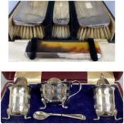 GEORGE V CASED SET OF THREE SILVER BACKED HAIRBRUSHES & COMB, engine turned decoration, Birmingham
